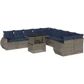 vidaXL 11-delige tuinbankset met kussens, grijs polyrotan