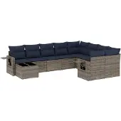 vidaXL 10-delige tuinbankset met kussens, grijs polyrotan