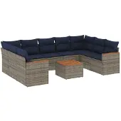 vidaXL 10-delige tuinbankset met kussens, grijs polyrotan