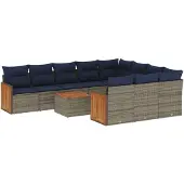 vidaXL 11-delige tuinbankset met kussens, grijs polyrotan