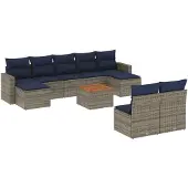 vidaXL 10-delige tuinbankset met kussens, grijs polyrotan