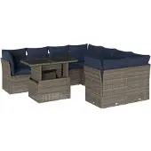 vidaXL 9-delige tuinbankset met kussens, grijs polyrotan