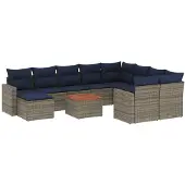 vidaXL 11-delige tuinbankset met kussens, grijs polyrotan