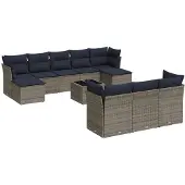 vidaXL 11-delige tuinbankset met kussens, grijs polyrotan