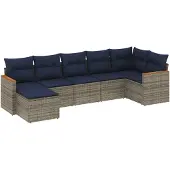 vidaXL 7-delige tuinbankset met kussens, grijs polyrotan