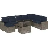 vidaXL 9-delige tuinbankset met kussens, grijs polyrotan