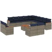vidaXL 14-delige tuinbankset met kussens, grijs polyrotan