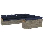 vidaXL 11-delige tuinbankset met kussens, grijs polyrotan
