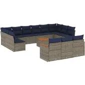 vidaXL 14-delige tuinbankset met kussens, grijs polyrotan