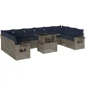 vidaXL 11-delige tuinbankset met kussens, grijs polyrotan