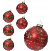 Kaemingk Kerstballen Rood Glas 8cm 6 Stuks met Takjes & Parels