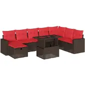 vidaXL 9-delige tuinbankset met kussens, bruin polyrotan