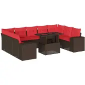 vidaXL 10-delige tuinbankset met kussens, bruin polyrotan