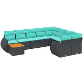 vidaXL 10-delige tuinbankset met kussens van zwart polyrotan