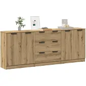vidaXL Dressoirs, 3 stuks, ambachtelijk eikenfineer, 60x30x70 cm, houtvezelplaat
