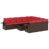 vidaXL 11-delige tuinbankset met kussens, bruin polyrotan
