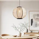 LumenXL Japandi hanglamp Chairo - naturel linnen en zwart hout
