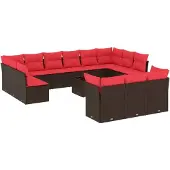 vidaXL 14-delige tuinbankset met kussens, bruin polyrotan