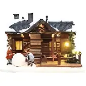 Santaville Wooden Lodge with Childeren with LED Polyresin 24cm