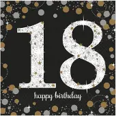 Amscan Servetten 18 jaar - 16x stuks - zwart - 33 x 33 cm - confetti - luxe - verjaardag
