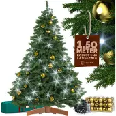 Casaria Kunstkerstboom premium 150cm + kerstballen goud + kerstverlichting koud wit