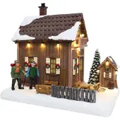 Santaville Wooden Chalet with Hikers with LED Polyresin 25cm