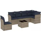 vidaXL 7-delige tuinbankset met kussens, grijs polyrotan