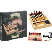 Ark Houten Spellendoos 4 in 1 met schaken - backgammon - domino - mikado - 17x17cm - reiseditie