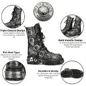 New rock M-591-C63 Halfhoge zwarte stalen leren metallic gothic laarzen