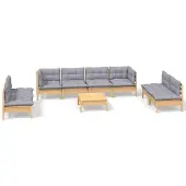 vidaXL 9-delige loungeset voor de tuin met grijze kussens, gemaakt van massief grenenhout