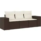 vidaXL 3-delige Loungeset met kussens poly rattan bruin