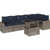 vidaXL 7-delige tuinbankset met kussens, grijs polyrotan