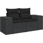 vidaXL 3-delige Loungeset met kussens poly rattan zwart