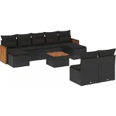 vidaXL 10-delige loungeset voor de tuin met kussens, zwart, polyrotan