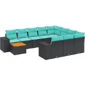 vidaXL 11-delige tuinbankset met kussens, zwart polyrotan
