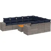 vidaXL 11-delige tuinbankset met kussens, grijs polyrotan