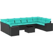 vidaXL 11-delige tuinbankset met kussens, zwart polyrotan