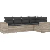 vidaXL 5-delige Loungeset met kussens poly rattan lichtgrijs
