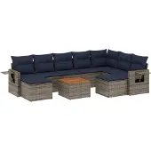 vidaXL 10-delige tuinbankset met kussens, grijs polyrotan