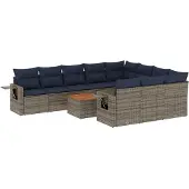 vidaXL 11-delige tuinbankset met kussens, grijs polyrotan