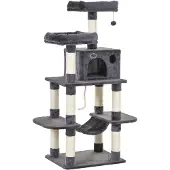 PawHut Paws Kattenhuis met hangmat, krabpaal en pluche bal, donkergrijs