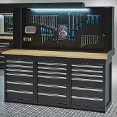 Datona Werkbank PRO 200 cm - eiken - 18 lades en afsluitbare gatenbordkast - Zwart