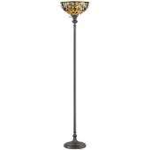 QUOIZEL Uplighter vloerlamp Kami, brons / oud-messing, Woon-/ Eetkamer, Glas, Tiffany, vloerlamp