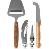 Aptel - 4-delig Wijn- en Kaasaccessoireset - Roestvrij staal en Hout - Ergonomisch