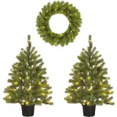 Black Box Trees Nagoya Kerstboom en Kerstkrans Set - 2 Kunstkerstbomen en 1 Krans met LED Verlichting - H90 x Ø45 cm - Groen