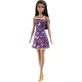 Barbie Blonde draagt paarse en gele jurk met hartjesprint en platina
