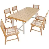 Sweeek - Tafel binnen/buiten acacia hout en metaal, 6 stoelen gevlochten hars
