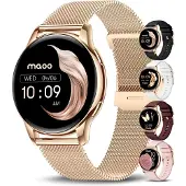 Maoo Ventura AMOLED Smartwatch Dames – RVS & 4 Siliconen Bandjes – Stappenteller, Hartslagmeter, Slaapmonitor, Multisport, Notificaties, Bellen, GPS, Android & iOS – Rosé Goud & Roze
