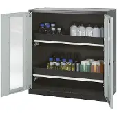 ASECOS Chemicaliënkast, Vleugeldeur met glasplaat, 2 uittrekbare bakken, 1055x520x1105 mm, lichtgrijs