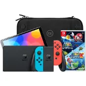 Nintendo Switch OLED Bleu/Rouge + Super Mario Galaxy 1+2 + BlueBuilt Étui de Protection